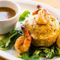 Mofongo Al Pilon De Camarones (Shrimp) · Mashed green plantains with shrimp & garlic