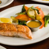 Salmon · Pan-roasted salmon served with sauteed vegetables.