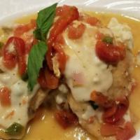 Lemon Chicken Cardinale · Sliced mozzarella, roasted red peppers, garlic mashed potatoes.