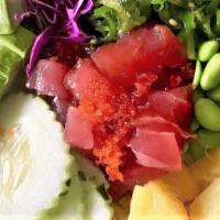 Poke Bowl · Seasoned raw tuna cubes, edamame, cucumber, avocado, pineapple, seaweed salad, fish roe and ...