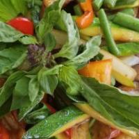 Duck Spicy Basil · Half duck with  string bean, onion, bell peppers, Thai basil stir fried in spicy sauce. Serv...