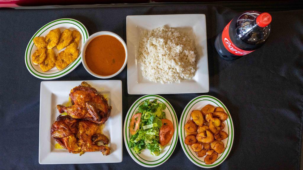 Combo 1 · One whole chicken with white rice, beans, salad or fried green plantains or sweet plaintains and two liter soda.
