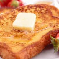French Toast With Strawberries · 3 pieces of freshly cooked French Toast. Topped with Fresh strawberries.