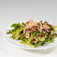 Roasted Duck Salad · Boneless roasted duck, spring mix, walnuts, and fried leeks, lime hoisin dressing.