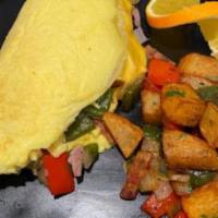 House Omelette · Bacon, ham, sausages, onions, peppers & American cheese.