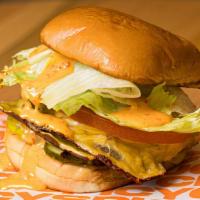 Chicken Burger · Fresh Pat La Frieda Ground Chicken, Lettuce, Tomato, American Cheese, Fuku Mayo, Pickle, Mar...