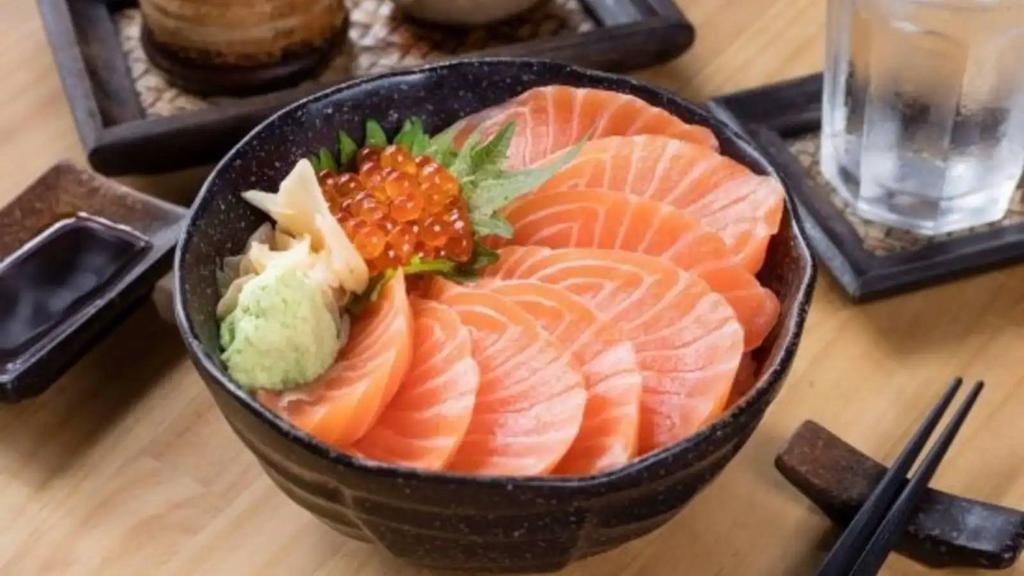 Salmon Don · Served with miso soup.