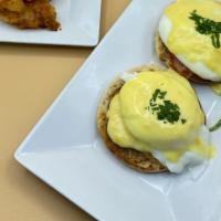 Eggs Bendedict · Two pouched eggs and Canadian bacon topped on an english muffin