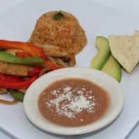 Chicken Fajita · Served with beans, rice and tortillas.