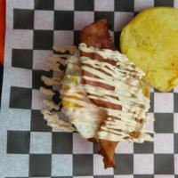 The Flash Breakfast Burger · Stuffed and topped with mild cheddar cheese, fried egg, bacon, house spicy mayo.

Consuming ...