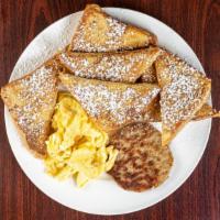 French Toast Classic Breakfast · French toast six pieces, two scrambled eggs, bacon or sausage.