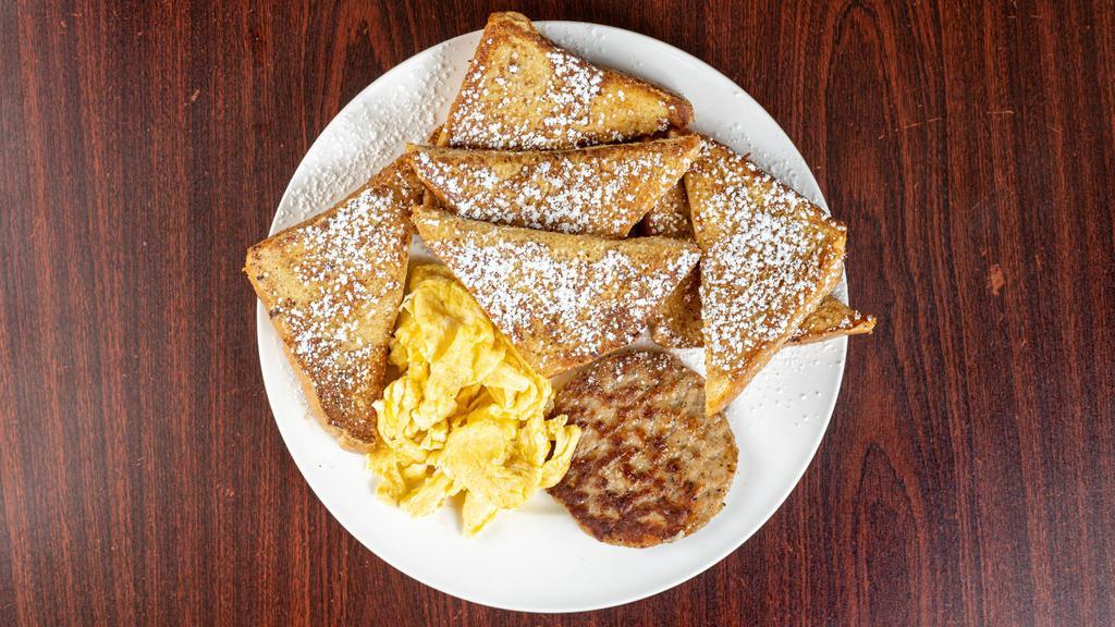 French Toast Classic Breakfast · French toast six pieces, two scrambled eggs, bacon or sausage.