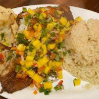 Cajun Catfish · Pan seared cajun catfish topped with mango salsa. Served with rice pilaf and vegetables.