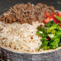 Gyro Over Rice Platter · Served with lamb gyro, rice, lettuce, and tomatoes along with your toppings and white and ho...