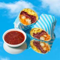 Deli Breakfast Burrito · Eggs, pastrami, tater tots, spicy mustard, melted cheese.