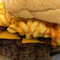Double Mac & Cheese Bacon Burger · Two burgers smashed together with more toppings on ciabatta bread.