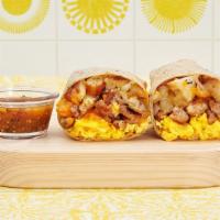 Sausage Breakfast Burrito · Two scrambled eggs, sausage, hash browns, and melted cheese wrapped in a fresh flour tortilla.