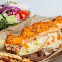 Salmon Platter · Grilled and Served with a SIDE SALAD , your choice of ONE OTHER  SIDE, pita bread and homema...