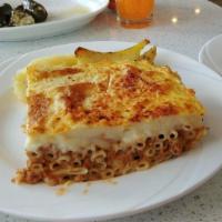 Pastitsio Plate · Macaroni and ground beef with nutmeg and bechamel.