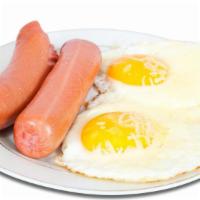 Eggs With Sausage · Healthy serving of 2 eggs prepared to customer's preferences, served alongside cooked sausage.