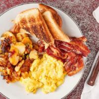 Great Start Breakfast Platter · Two eggs, two pieces of breakfast meat, home fries with peppers and onions, toast, and friut...
