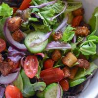 Mixed Green Salad · mesclun, romaine, baby tomatoes, red onions, cucumbers, croutons, balsamic vinaigrette