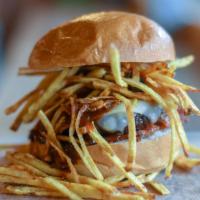 The Triple B · house made BBQ sauce, maple pepper bacon, beef patty, cheddar cheese, cripsy onions, brioche...