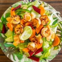 Shrimp Salad · Grilled shrimp over salad base comprised of mixed greens, onions, bell peppers, avocados, to...