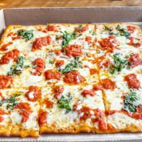 Grandma Pizza · Thin 16 inch square crust pizza with mozzarella, crushed plum tomatoes, fresh garlic, extra ...
