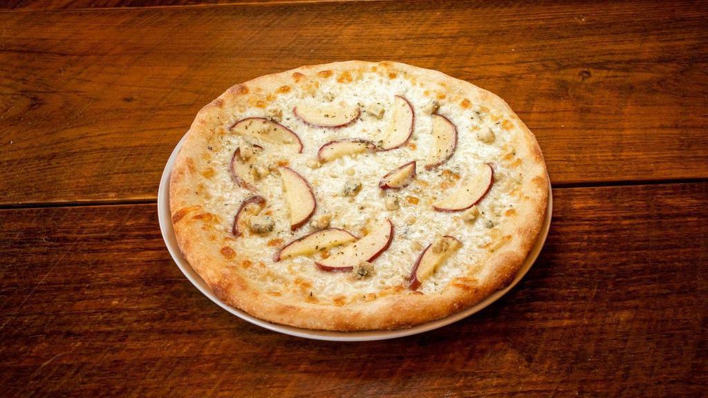 Medium Apples & Gorgonzola · White pizza with mozzarella, sliced apples and crumbled Gorgonzola cheese.
