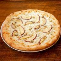 Large Apples & Gorgonzola · White pizza with mozzarella, sliced apples and crumbled Gorgonzola cheese.