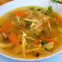 Home-Made Chicken Soup · Shredded chicken in broth with vegetables and penne pasta. Made fresh daily.