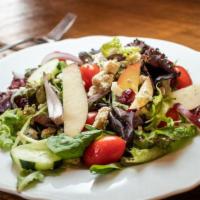 Gorgonzola Salad · Mixed greens, walnuts, apples, dried cranberries, crumbled gorgonzola cheese.
