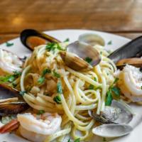 Linguini Seafood · Clams, mussels & shrimp in garlic & oil or marinara.