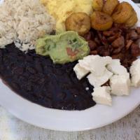 Veggie Platter · Served with rice and beans, queso fresco, guacamole, plantains, and sautéed poblano pepper m...