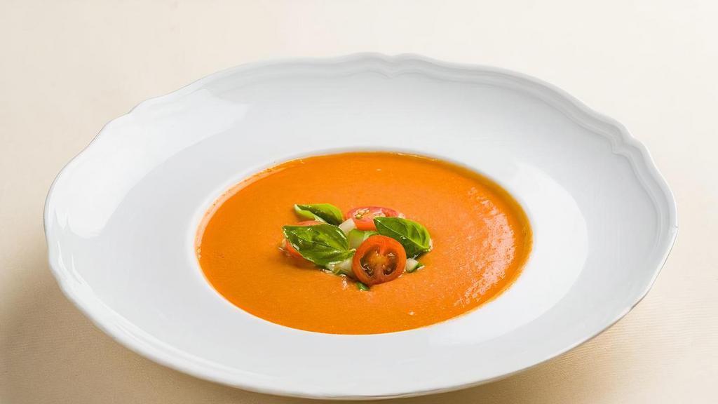 Gazpacho · chilled seasonal tomato soup, Sant Ambroeus extra virgin olive oil