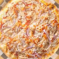 Tuna Pizza · Fresh Tuna, light mozzarella, chopped red onion, tomato sauce, sesame crust.