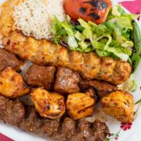 13- Kebabci Mixed · Adana kebab, chicken kebab, lamb shish kebab and chicken adana.