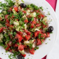 1- Shepherd Salad · Tomato, parsley, cucumbers, onions and scallions with vinegar and extra virgin olive oil dre...