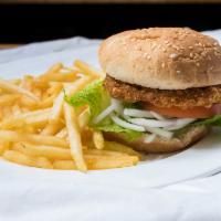 Vegetarian Chicken Sandwich · Crispy  vegetarian chicken on toasted bun,with onions,cucumber, tomato and lettuce.