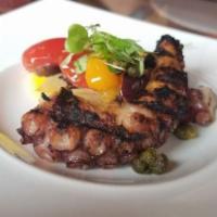 Charred Octopus · ROMESCO SAUCE, CHICKPEA, ROASTED CHERRY TOMATO, WILTED SWISS CHARD,
BLOOD ORANGE REDUCTION, ...