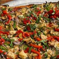 The Vegan · Violife Vegan Mozzarella, Marinated Artichokes, Basil, Roasted Red Peppers, Red Onions, Spin...
