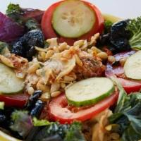 Kale Salad · Marinated artichokes, Roma tomatoes, kale, cucumbers, oil cured black olives, pine nuts and ...