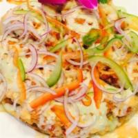 Spicy Tuna Pizza · Spicy tuna, guacamole, sliced onion, and peppers on top of scallion pancake with spicy mayo,...