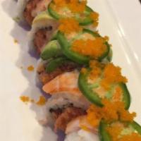 Spicy Bad Girl Roll · Inside: spicy tuna, spicy salmon, spicy yellowtail outside: shrimp, avocado, jalapeno, masag...