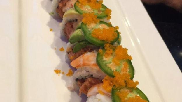 Spicy Bad Girl Roll · Hot and Spicy.Inside: spicy tuna, spicy salmon, spicy yellowtail outside:  shrimp, avocado, jalapeno, masago, and spicy mayo .