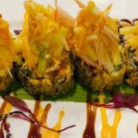 Hollywood Roll · Spicy tuna and avocado rolled and deep fried, topped with kani salad, spicy mayo, scallion a...