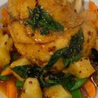 Crispy Red Snapper · Hot and Spicy. Crispy red snapper with pepper, onion, basil, pineapple chunks in Thai sweet ...