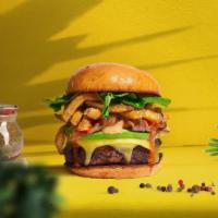 Fries Fries Baby Vegan Burger · Seasoned plant-based patty topped with fries, avocado, melted vegan cheese, onion, lettuce, ...