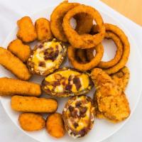 Sampler Platter · Skins, mozzarella sticks, mac & cheese wedges, chicken fingers, and onion rings. Served with...